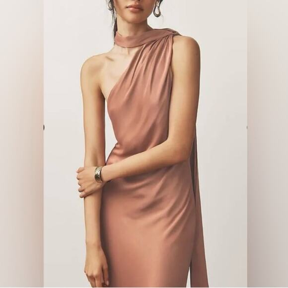 BHLDN Anthropologie Nicoletta One Shoulder Scarf Satin Midi Dress Cedar Brown XL - Picture 11 of 15